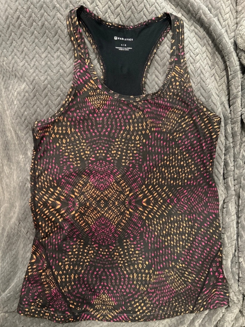 Fabletics Black Racerback Tank Top with Pink & Gold Dots